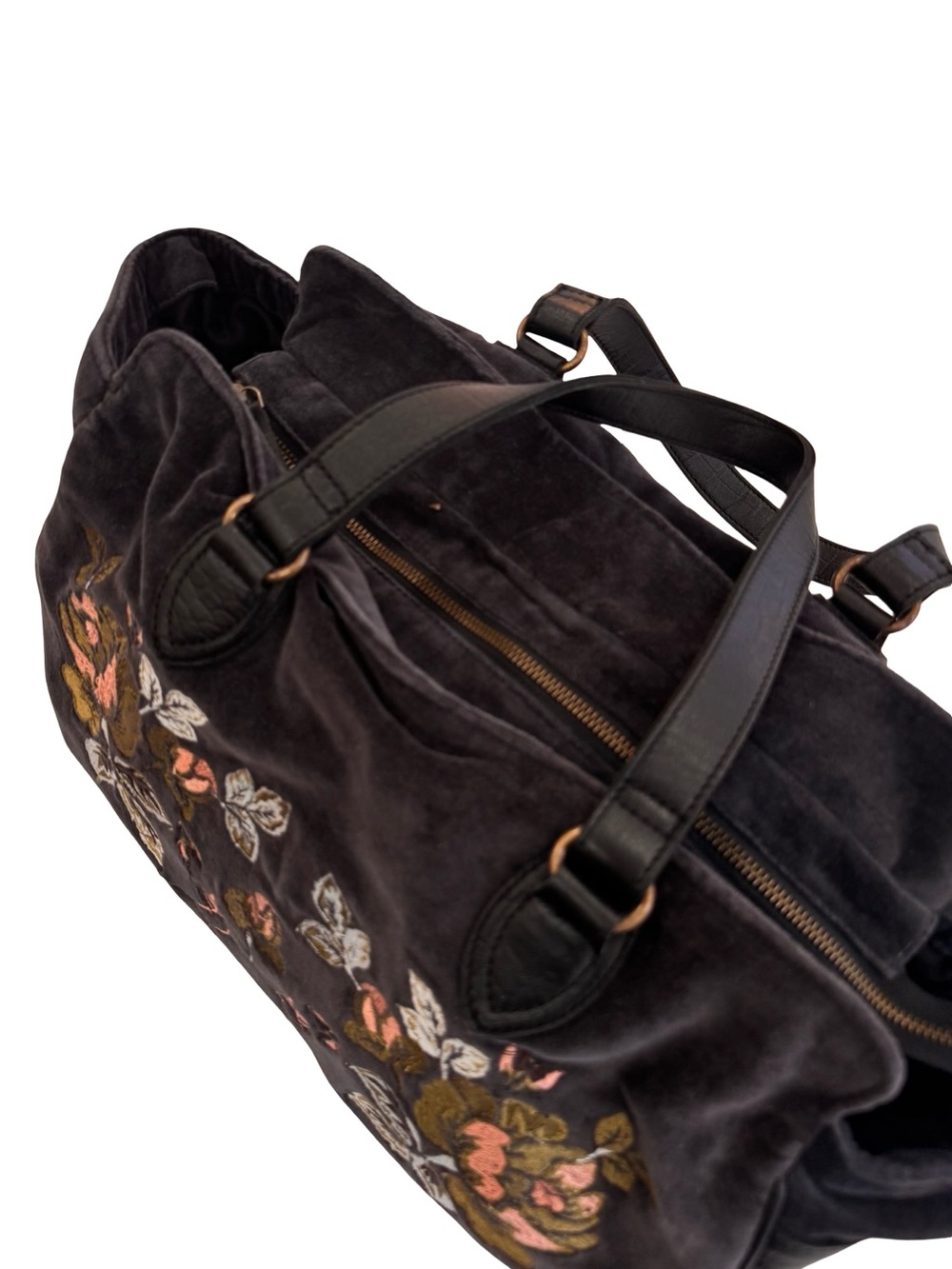 Free People Black Tote/ weekender bag with Pink and Gold Floral Embroidery - Picture 6 of 16